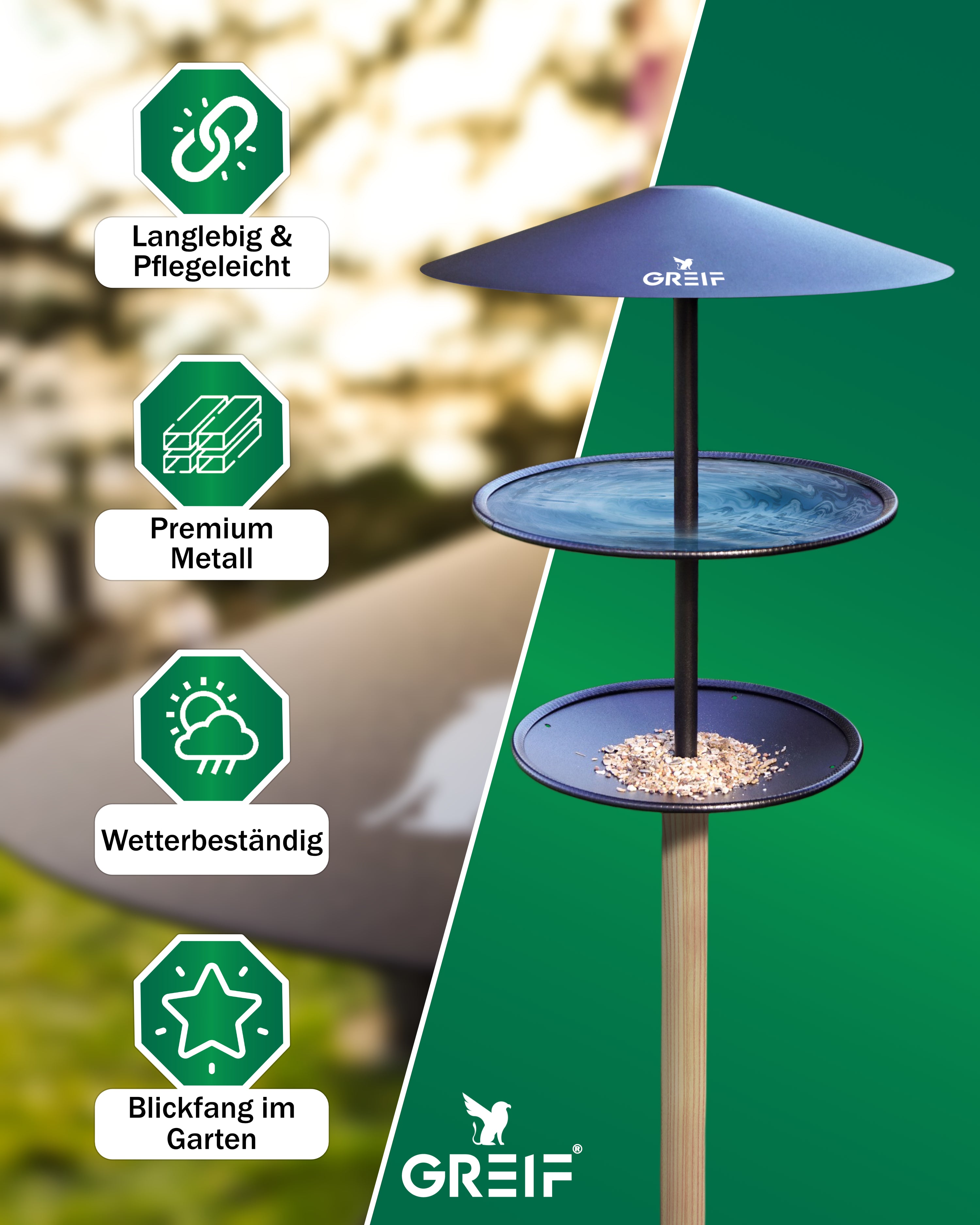 GREIF Vogelhaus mit Ständer Wetterfest [2in1] - Light Brich